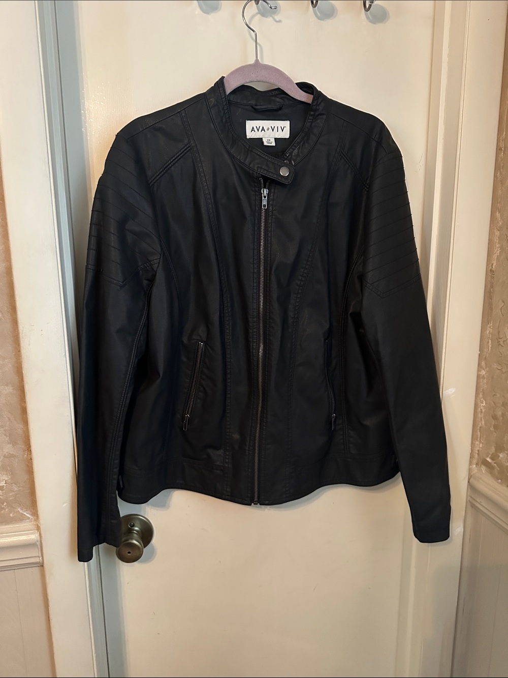 Ava & Viv Black Faux Leather Moto Jacket with Quilted Shoulders